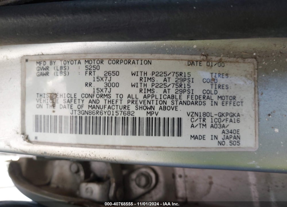 2000 TOYOTA 4RUNNER SR5 V6 VIN: JT3GN86R6Y0157682