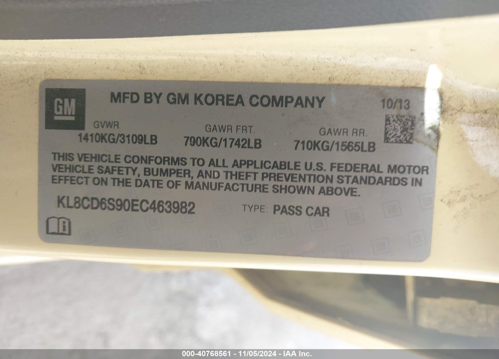 2014 CHEVROLET SPARK 1LT AUTO VIN: KL8CD6S90EC463982