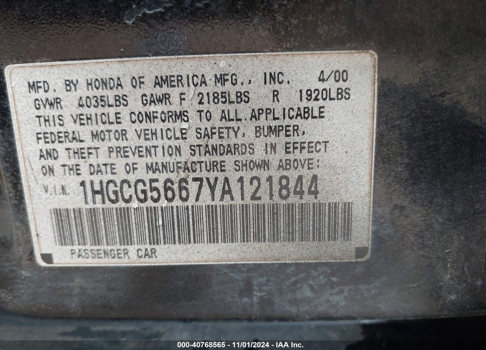2000 HONDA ACCORD 2.3 EX VIN: 1HGCG5667YA121844