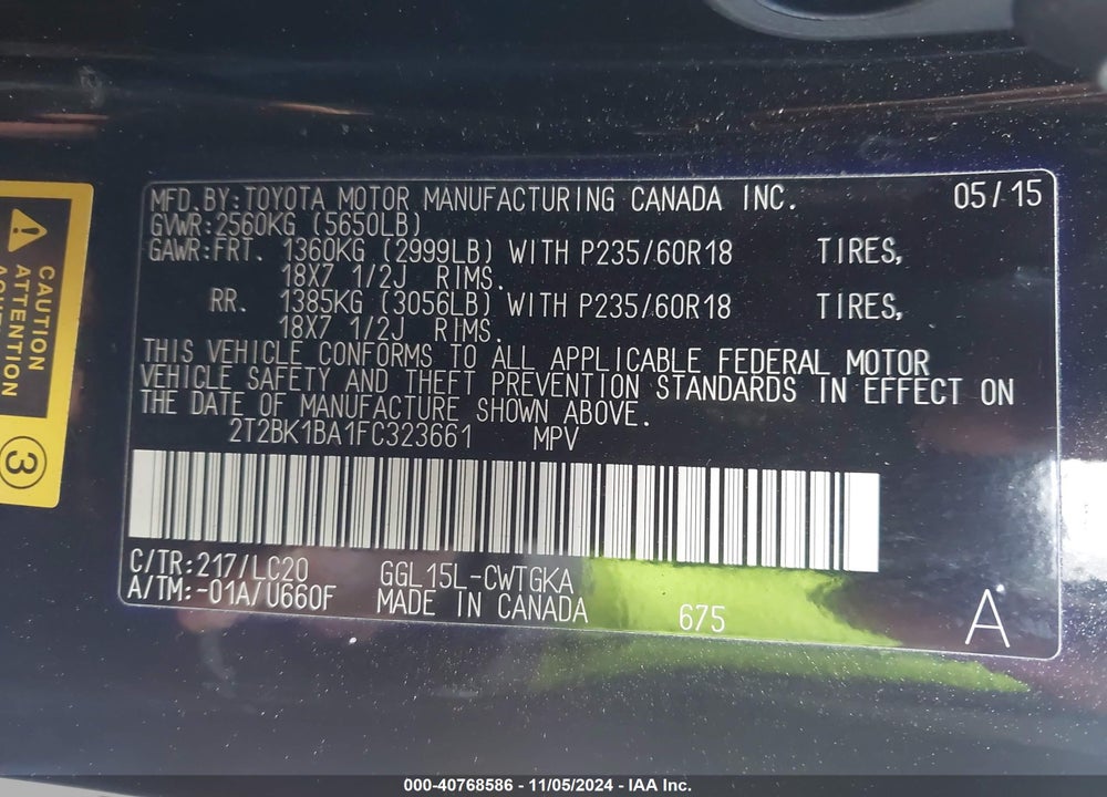 2015 LEXUS RX 350 VIN: 2T2BK1BA1FC323661