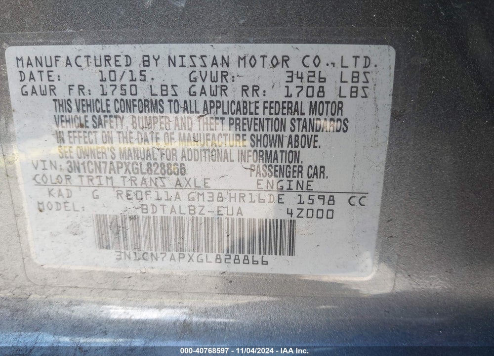 2016 NISSAN VERSA 1.6 S/1.6 S+/1.6 SL/1.6 SV VIN: 3N1CN7APXGL828866