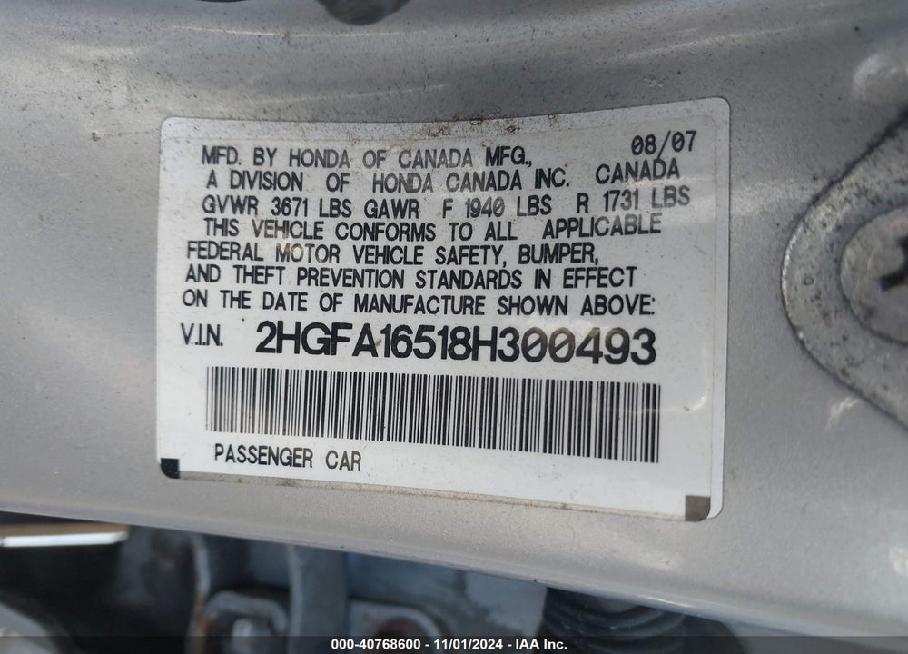 2008 HONDA CIVIC LX VIN: 2HGFA16518H300493