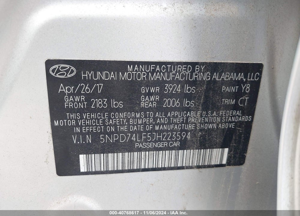 2018 HYUNDAI ELANTRA SE VIN: 5NPD74LF5JH223594