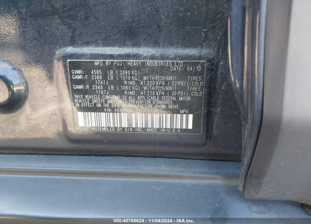 2013 SUBARU OUTBACK 2.5I PREMIUM VIN: 4S4BRCGC3D3308750
