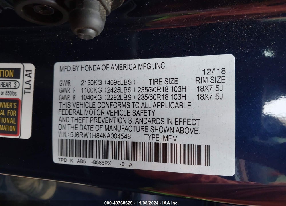 2019 HONDA CR-V EX-L VIN: 5J6RW1H84KA004548