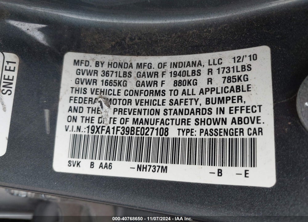 2011 HONDA CIVIC VP VIN: 19XFA1F39BE027108