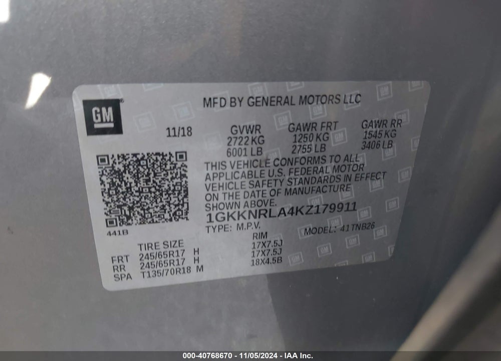 2019 GMC ACADIA SLE-1 VIN: 1GKKNRLA4KZ179911