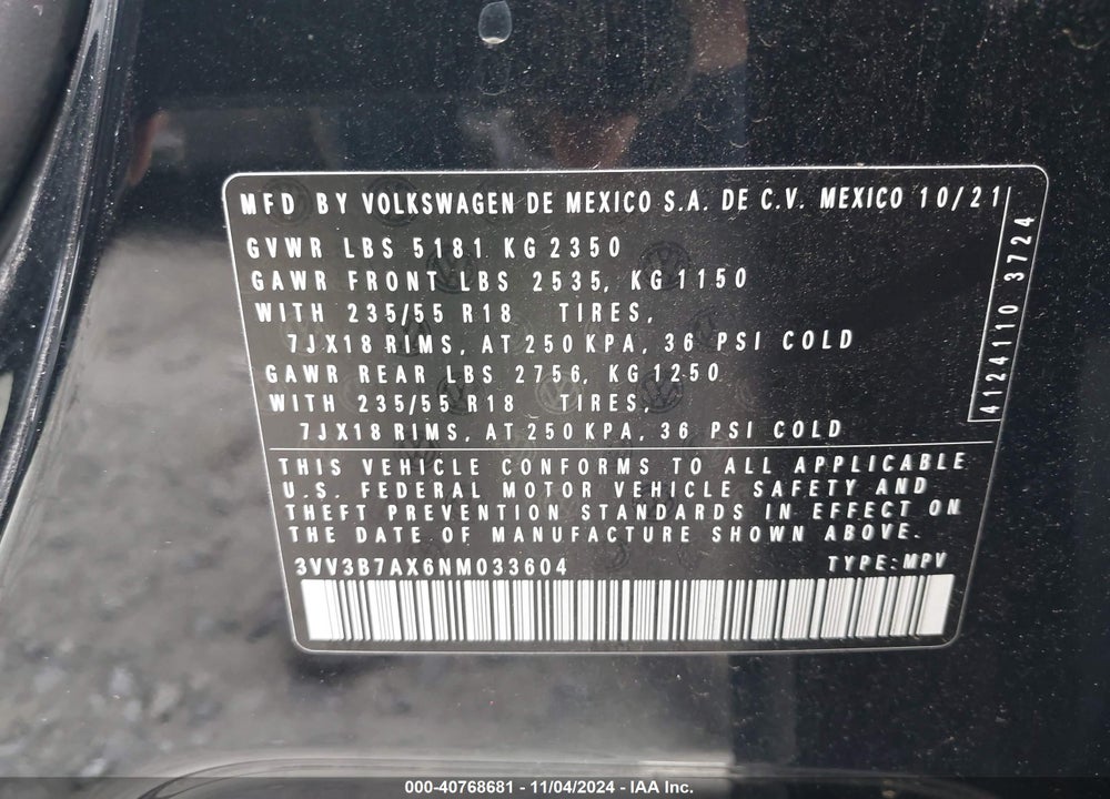 2022 VOLKSWAGEN TIGUAN 2.0T SE VIN: 3VV3B7AX6NM033604