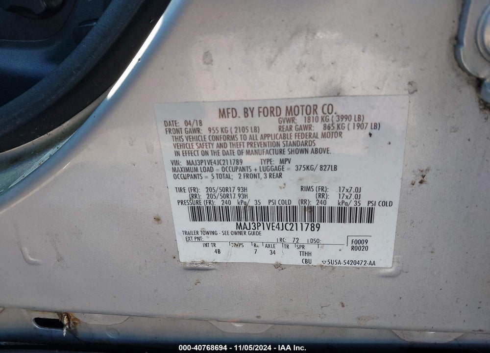 2018 FORD ECOSPORT TITANIUM VIN: MAJ3P1VE4JC211789