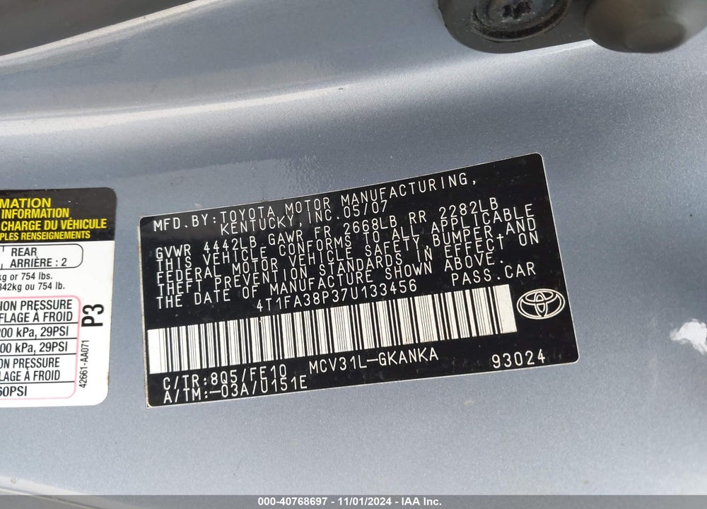 2007 TOYOTA CAMRY SOLARA SE VIN: 4T1FA38P37U133456