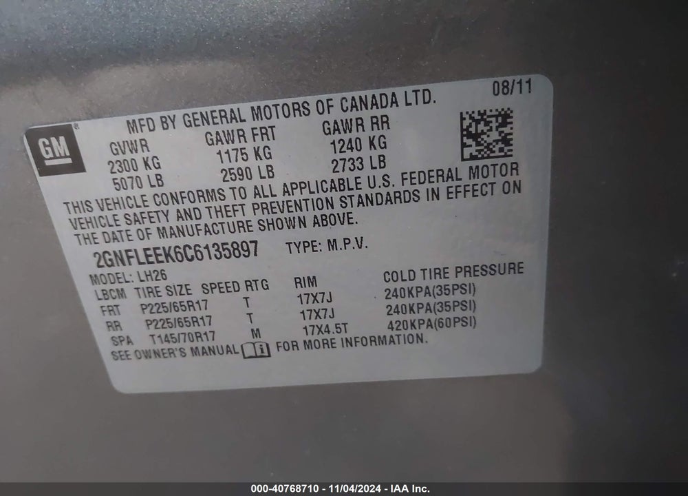 2012 CHEVROLET EQUINOX 1LT VIN: 2GNFLEEK6C6135897