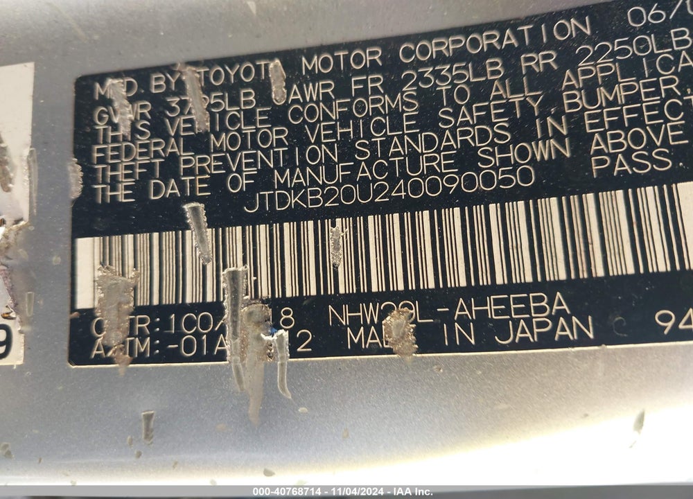 2004 TOYOTA PRIUS VIN: JTDKB20U240090050