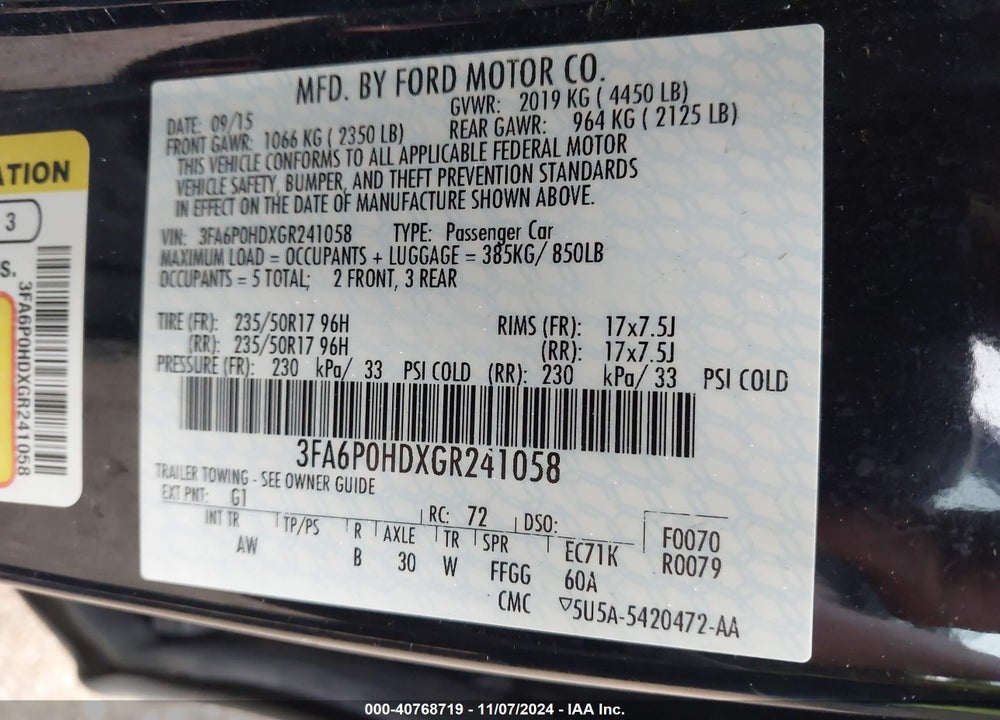 2016 FORD FUSION SE VIN: 3FA6P0HDXGR241058