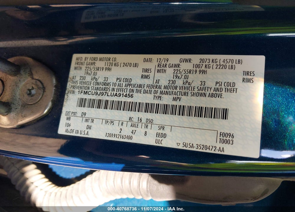 2020 FORD ESCAPE TITANIUM VIN: 1FMCU9J97LUA91456