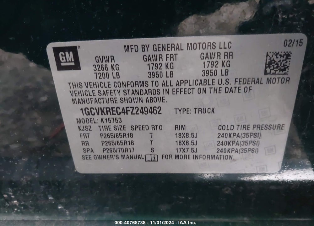 2015 CHEVROLET SILVERADO 1500 2LT VIN: 1GCVKREC4FZ249462