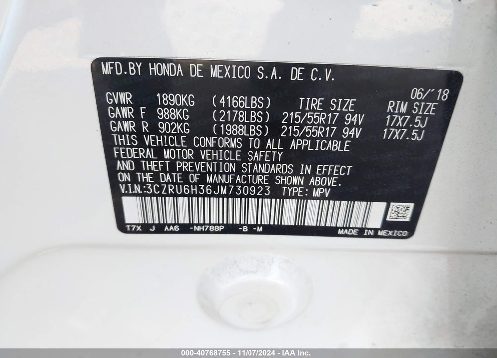 2018 HONDA HR-V VIN: 3CZRU6H36JM730923