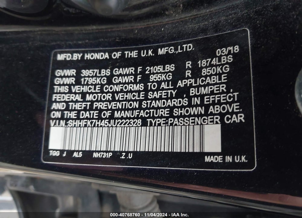 2018 HONDA CIVIC SPORT VIN: SHHFK7H45JU222328