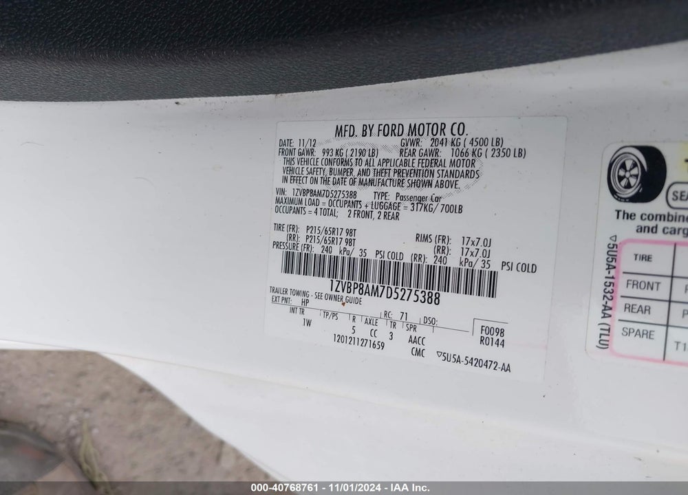 2013 FORD MUSTANG V6 VIN: 1ZVBP8AM7D5275388