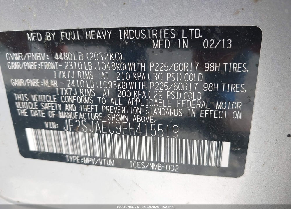 2014 SUBARU FORESTER 2.5I PREMIUM VIN: JF2SJAEC9EH415519