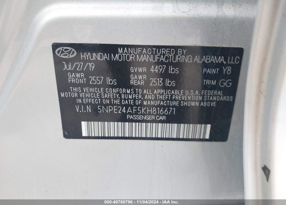 2019 HYUNDAI SONATA SE VIN: 5NPE24AF5KH816671