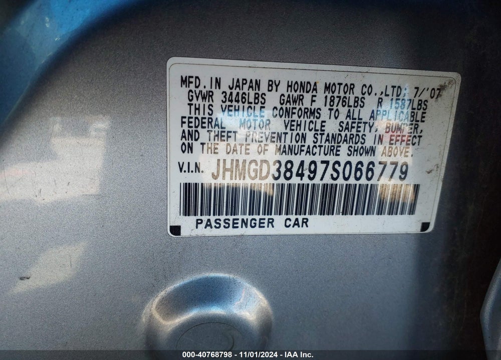 2007 HONDA FIT VIN: JHMGD38497S066779