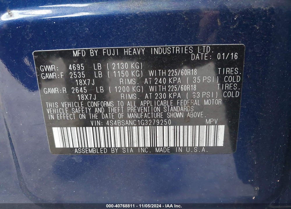 2016 SUBARU OUTBACK 2.5I LIMITED VIN: 4S4BSANC1G3279250