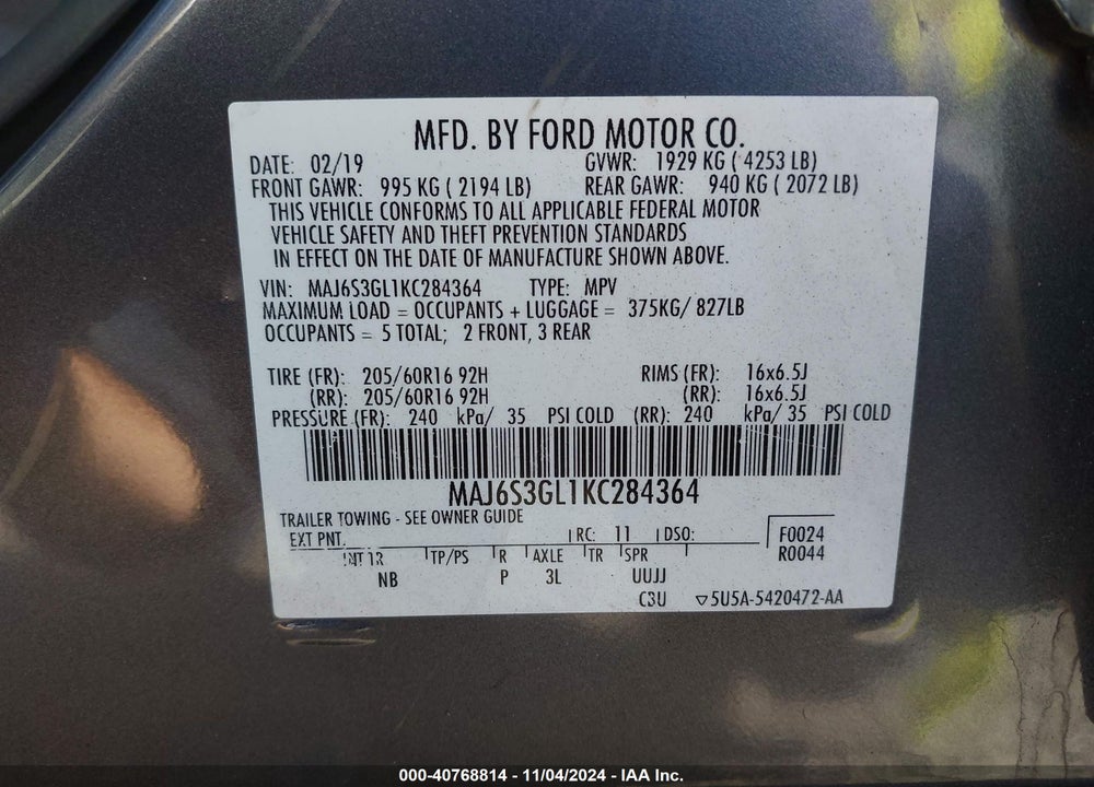 2019 FORD ECOSPORT SE VIN: MAJ6S3GL1KC284364