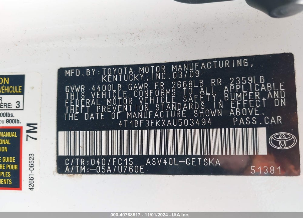 2010 TOYOTA CAMRY SE VIN: 4T1BF3EKXAU503494