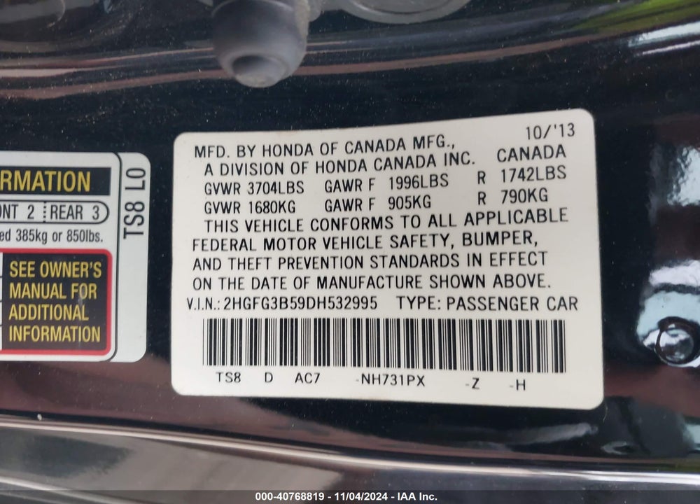 2013 HONDA CIVIC LX VIN: 2HGFG3B59DH532995