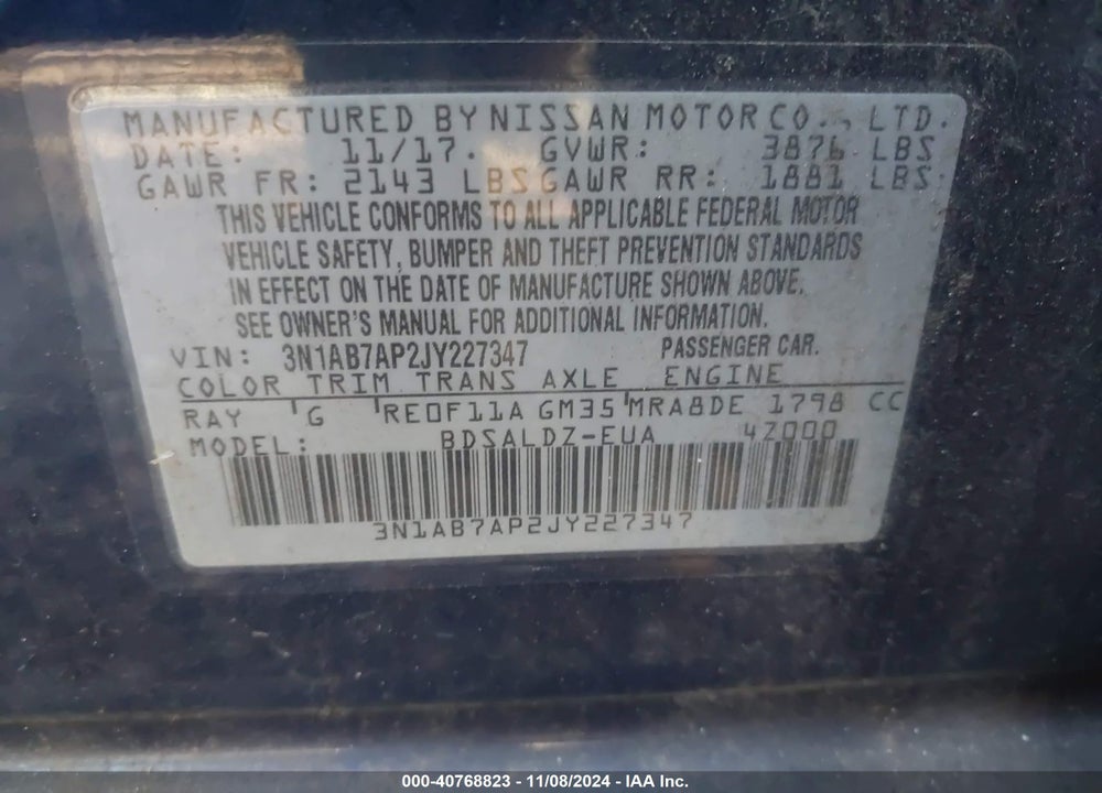 2018 NISSAN SENTRA SV VIN: 3N1AB7AP2JY227347