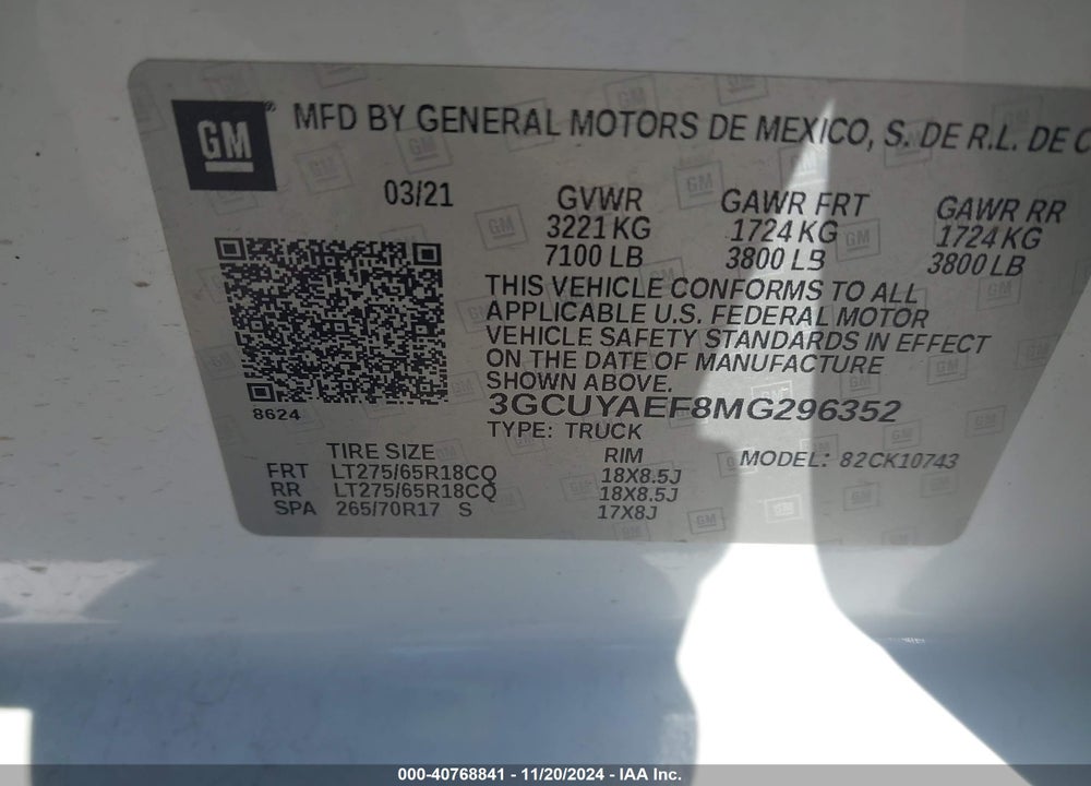 2021 CHEVROLET SILVERADO 1500 4WD STANDARD BED WT VIN: 3GCUYAEF8MG296352