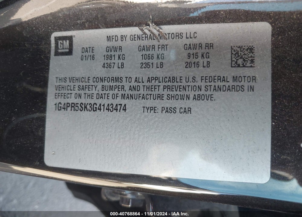 2016 BUICK VERANO CONVENIENCE GROUP VIN: 1G4PR5SK3G4143474