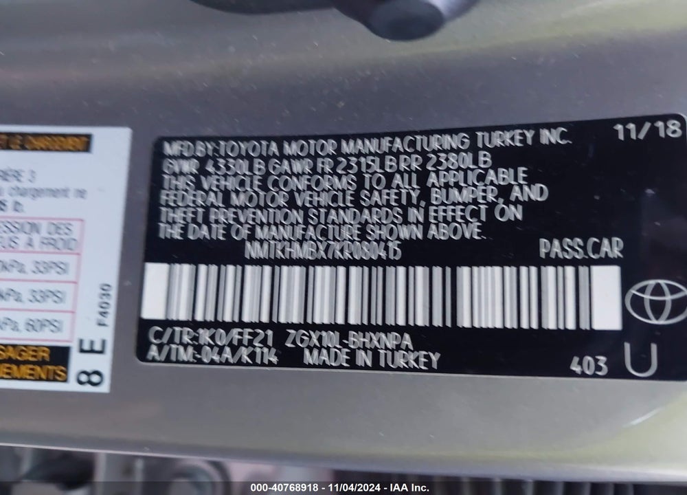 2019 TOYOTA C-HR XLE VIN: NMTKHMBX7KR080415