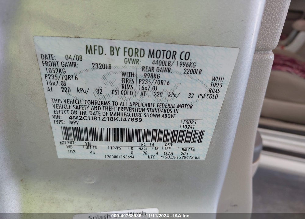 2008 MERCURY MARINER I4 VIN: 4M2CU81Z18KJ47659