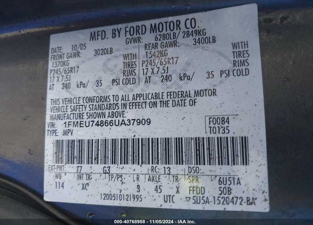 2006 FORD EXPLORER EDDIE BAUER VIN: 1FMEU74866UA37909