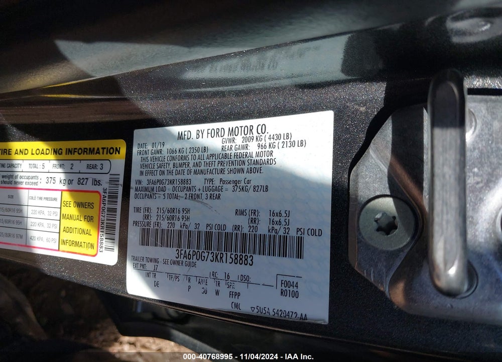 2019 FORD FUSION S VIN: 3FA6P0G73KR158883