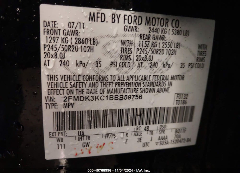 2011 FORD EDGE LIMITED VIN: 2FMDK3KC1BBB59756