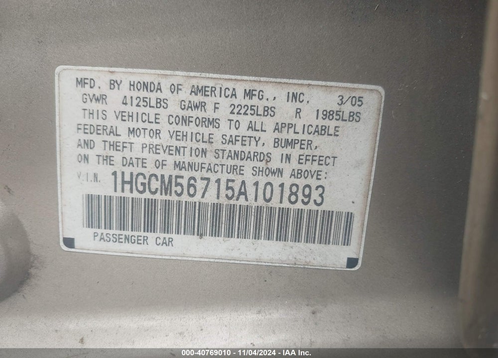 2005 HONDA ACCORD 2.4 EX VIN: 1HGCM56715A101893