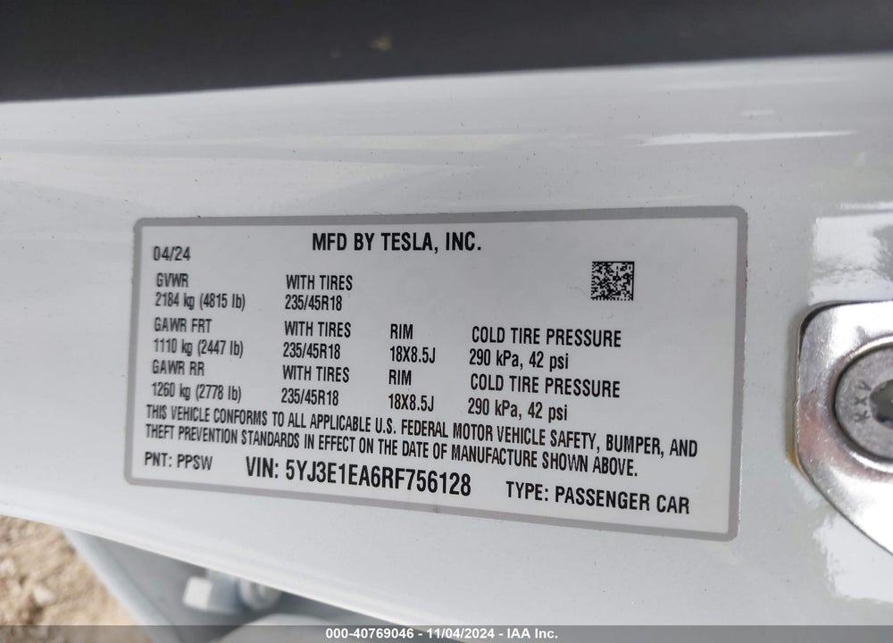 2024 TESLA MODEL 3 REAR-WHEEL DRIVE VIN: 5YJ3E1EA6RF756128