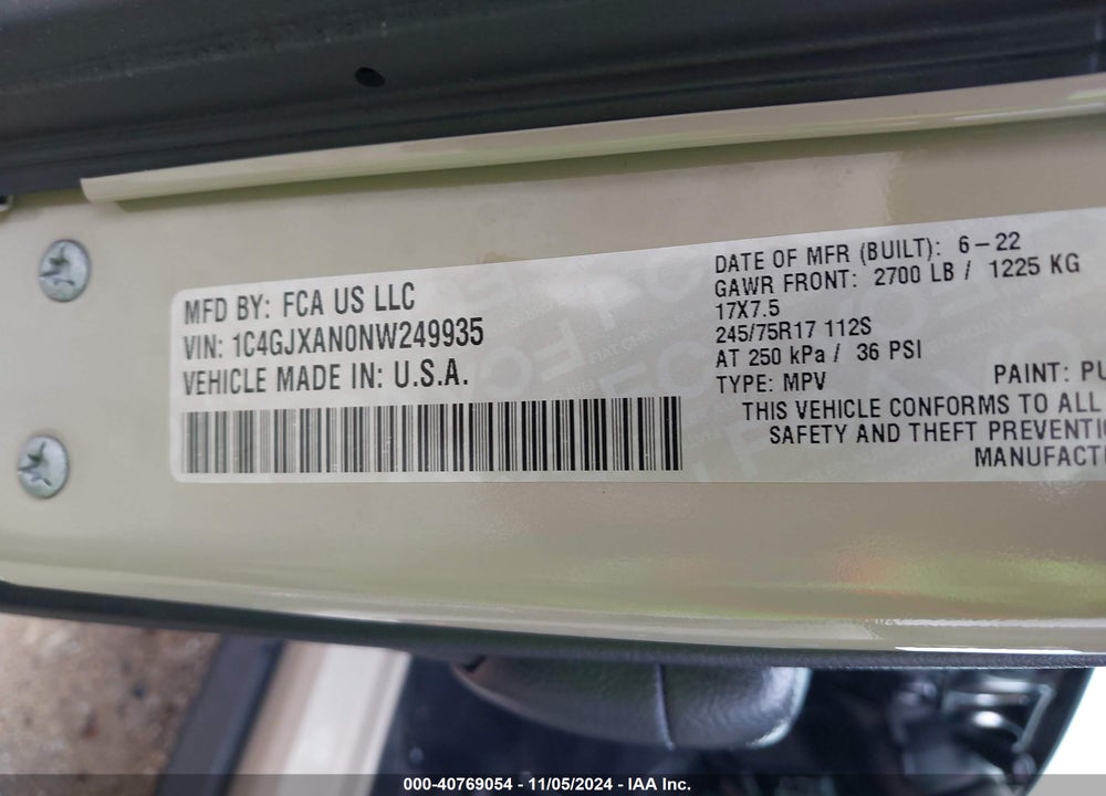 2022 JEEP WRANGLER SPORT S 4X4 VIN: 1C4GJXAN0NW249935