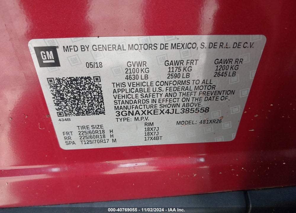2018 CHEVROLET EQUINOX LT VIN: 3GNAXKEX4JL385558
