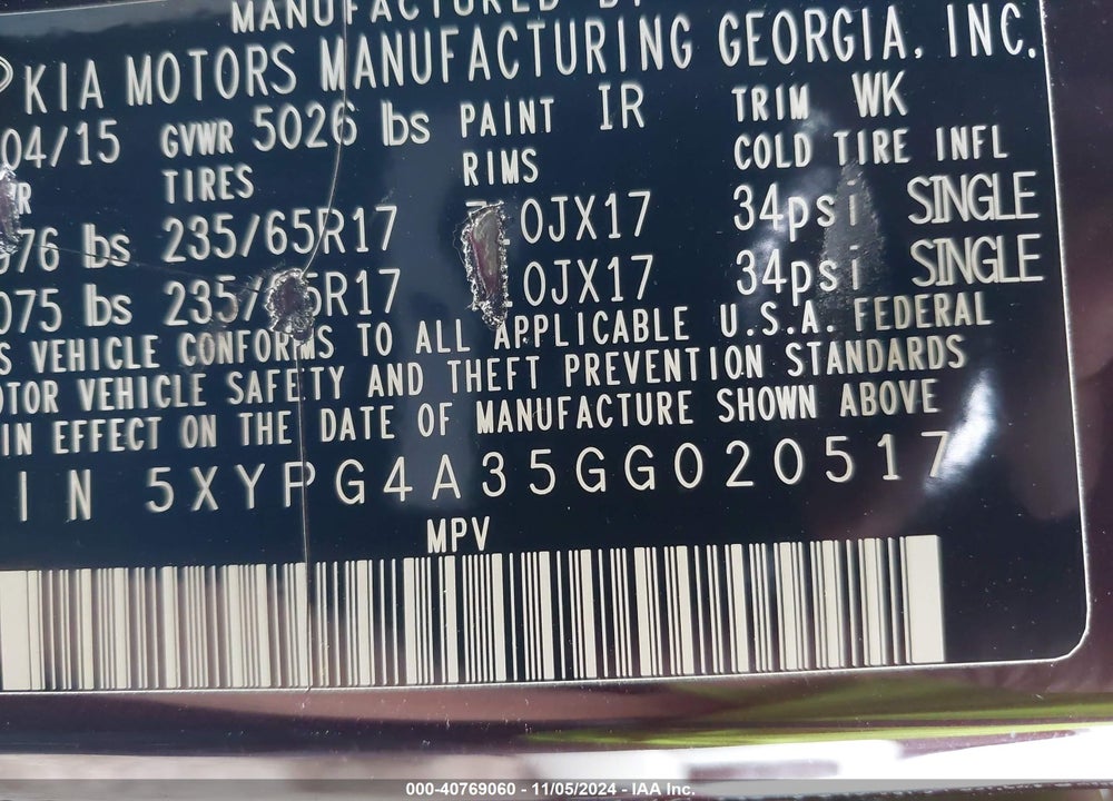 2016 KIA SORENTO 2.4L LX VIN: 5XYPG4A35GG020517
