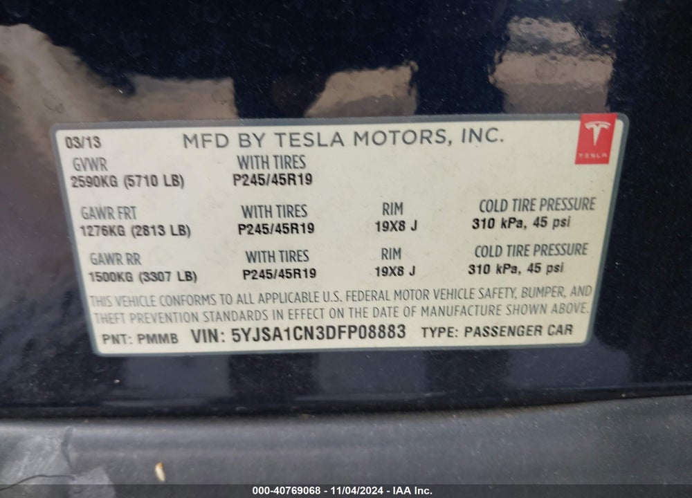 2013 TESLA MODEL S VIN: 5YJSA1CN3DFP08883