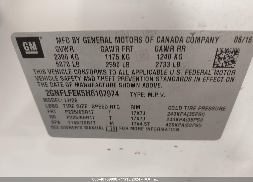 2017 CHEVROLET EQUINOX LT VIN: 2GNFLFEK5H6107974
