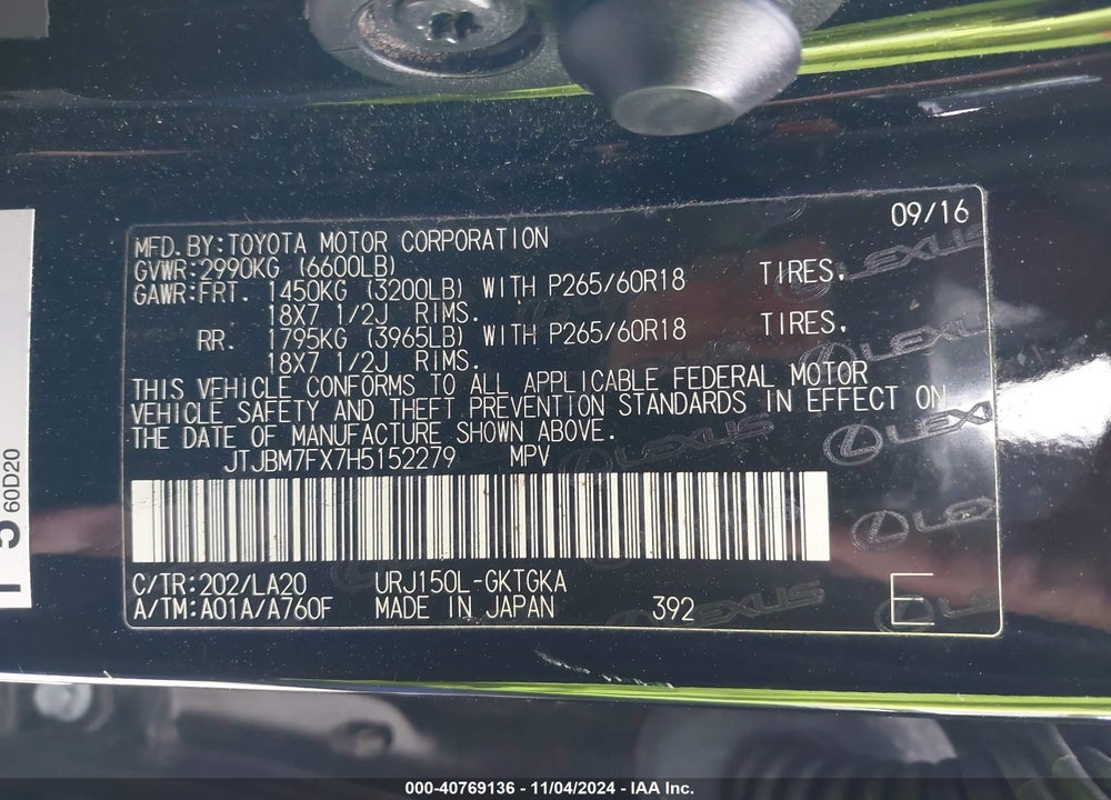 2017 LEXUS 460 VIN: JTJBM7FX7H5152279