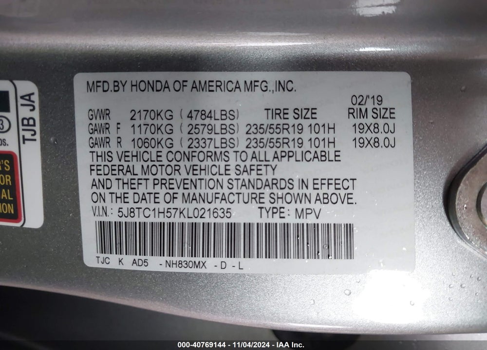 2019 ACURA RDX TECHNOLOGY PACKAGE VIN: 5J8TC1H57KL021635