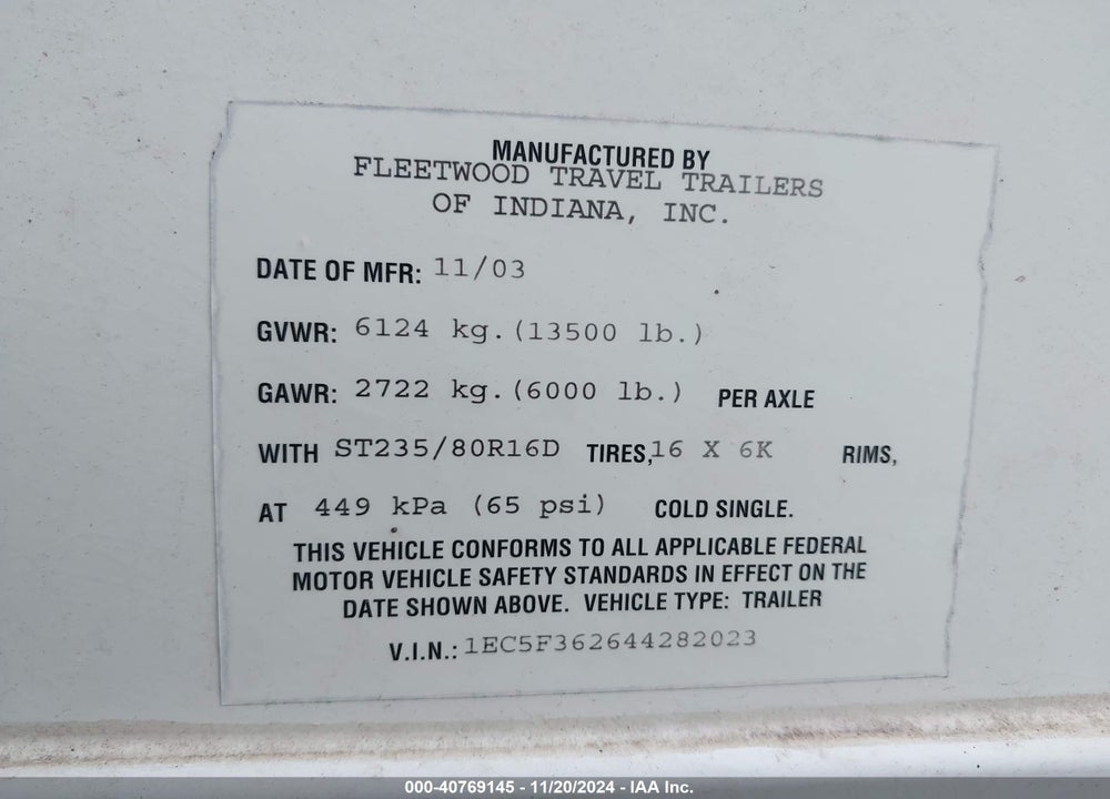 2004 FLEETWOOD TRAVEL TRLR VIN: 1EC5F362644282023