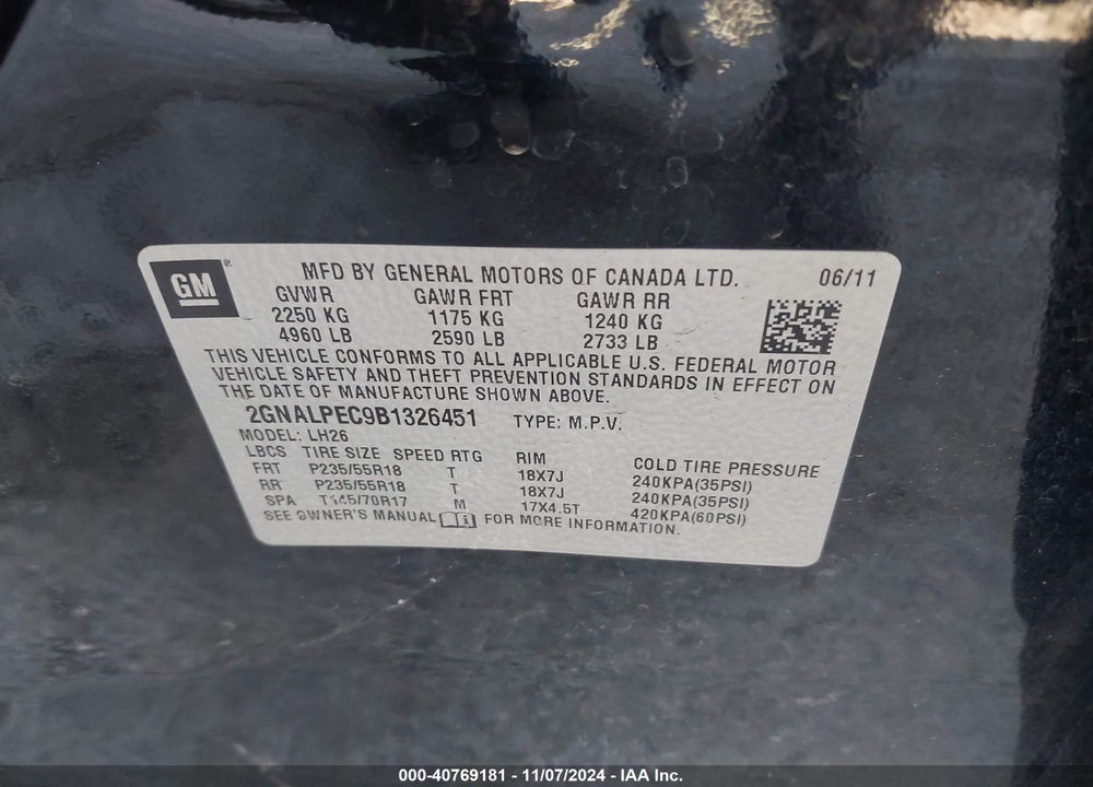 2011 CHEVROLET EQUINOX 2LT VIN: 2GNALPEC9B1326451