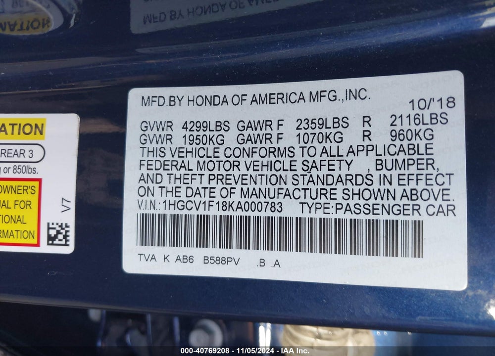 2019 HONDA ACCORD LX VIN: 1HGCV1F18KA000783