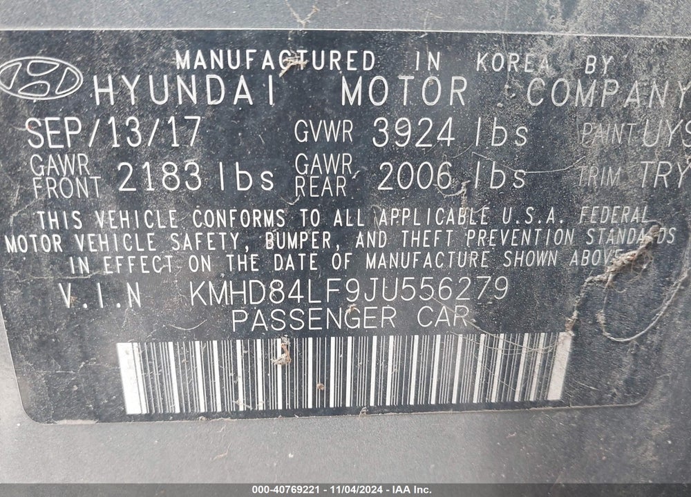 2018 HYUNDAI ELANTRA VIN: KMHD84LF9JU556279